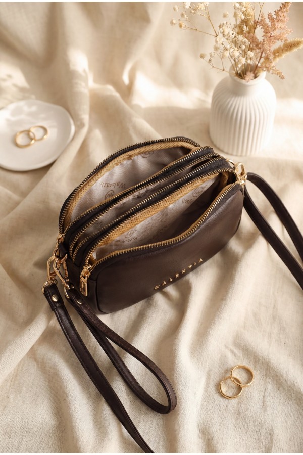 Three-Compartment Mini Clutch Bag with Long Strap -Dark Coffee