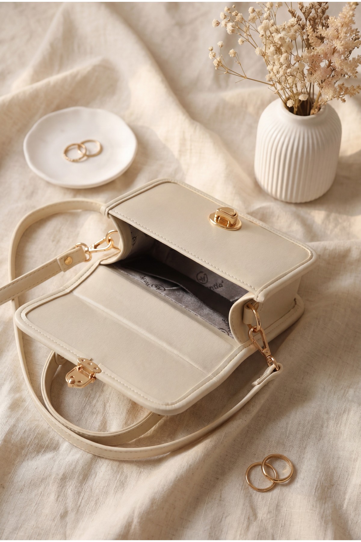 Box Bag with Lockable Lid, Handles and Long Strap - Beige