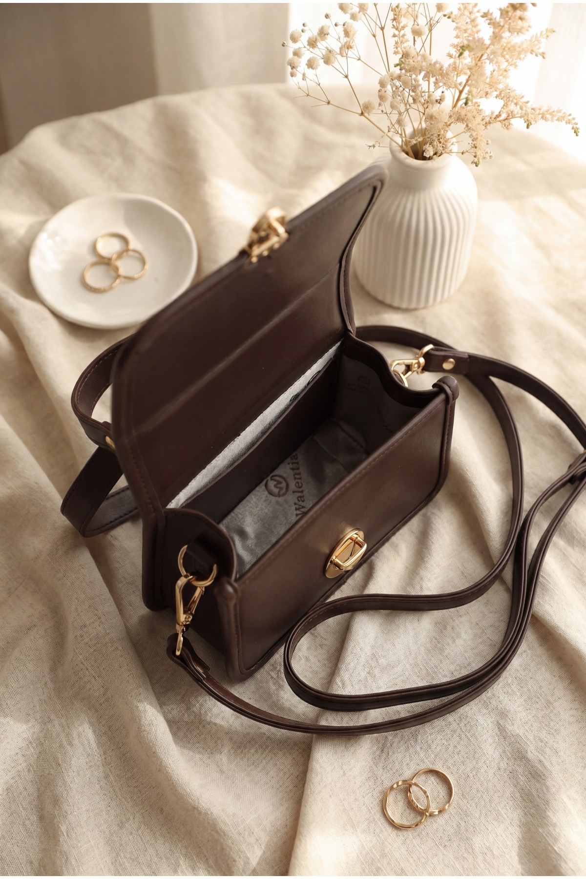 Box Bag with Lockable Lid, Handles and Long Strap -Dark Coffee