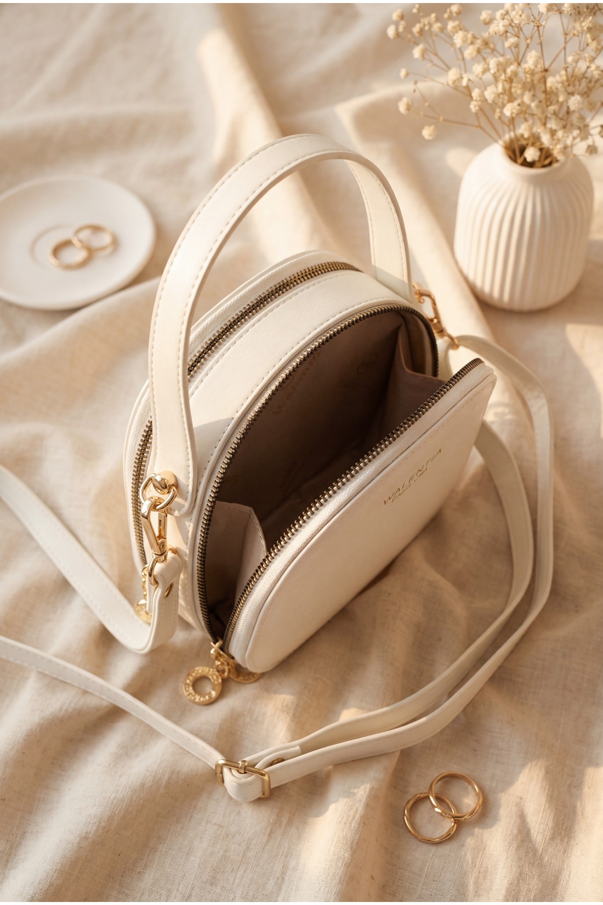 Minimalist Rounded Double Zip Crossbody Bag -White