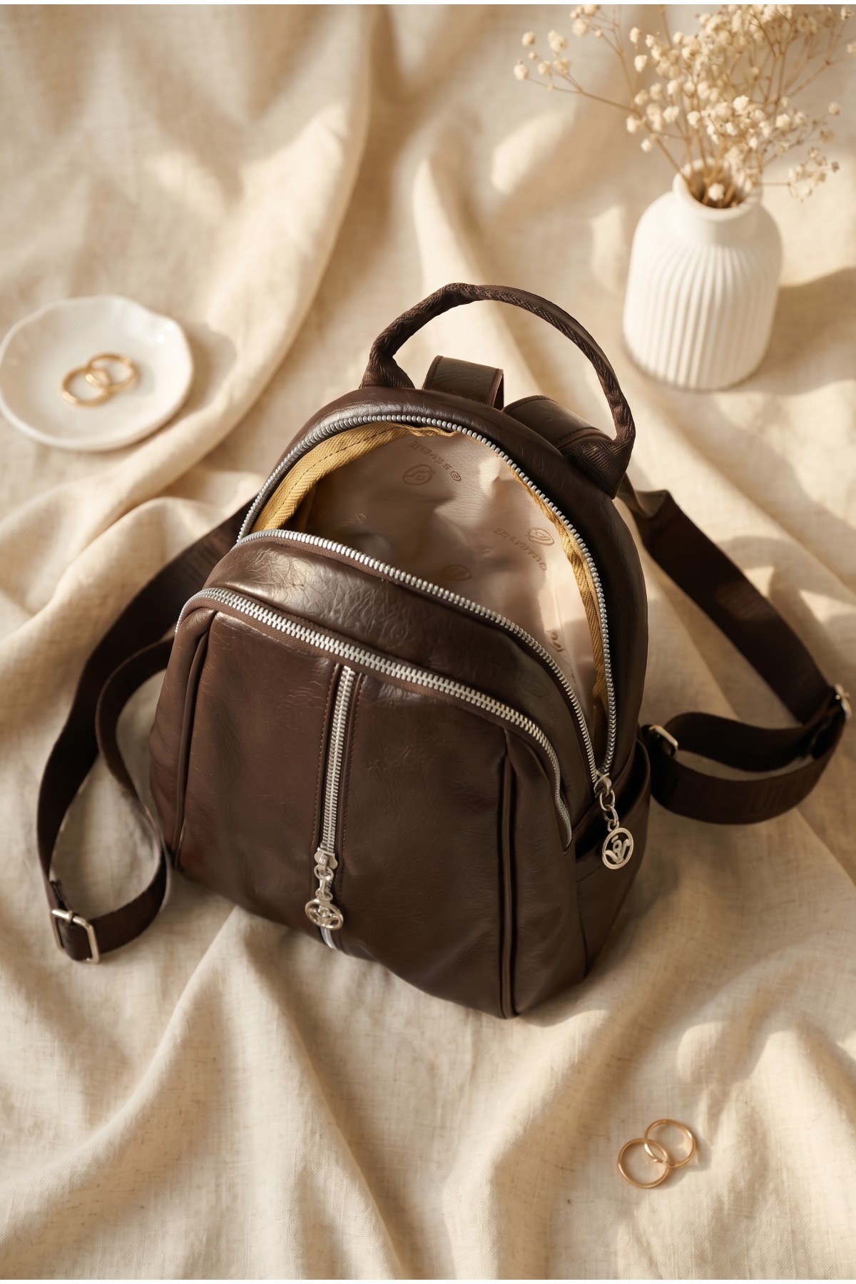 Soft Textured Double Compartment Women's Backpack -Dark Coffee