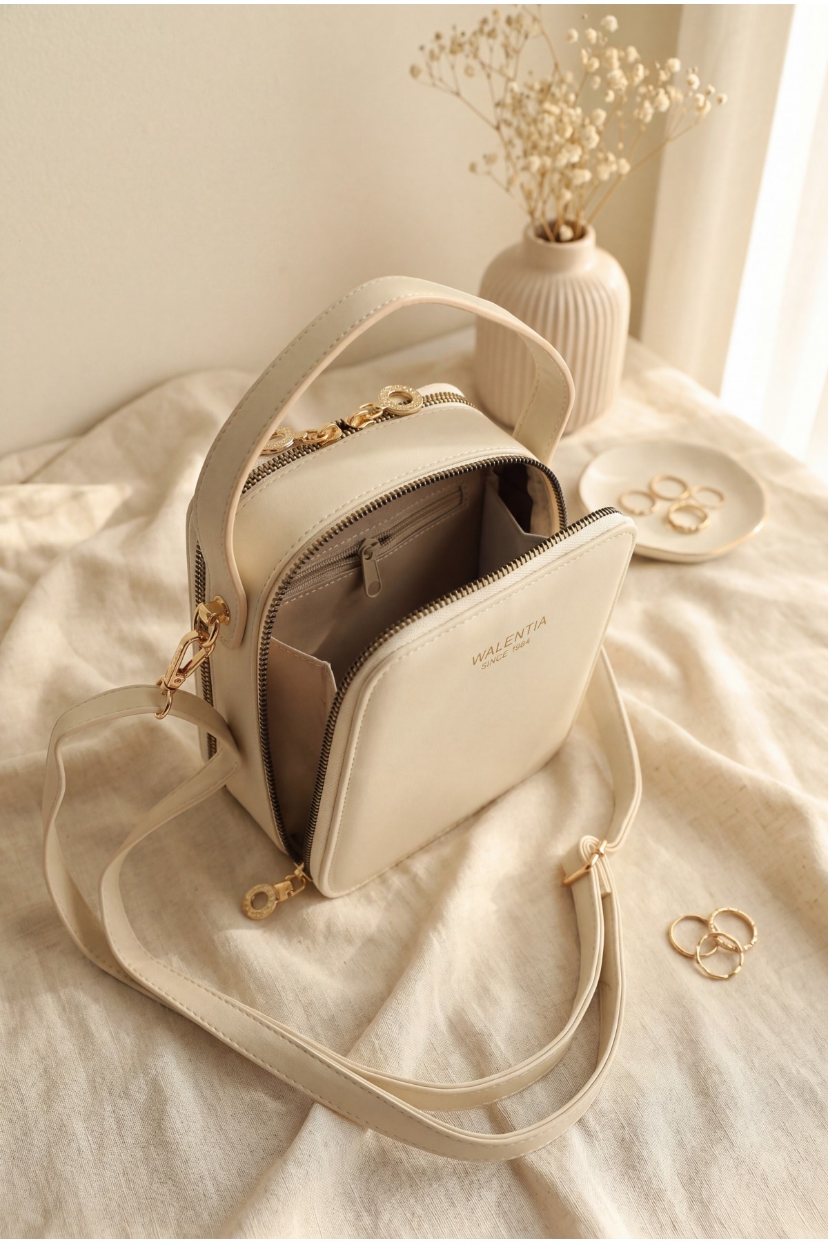 Square Design Functional Mini Shoulder Bag -Cream color