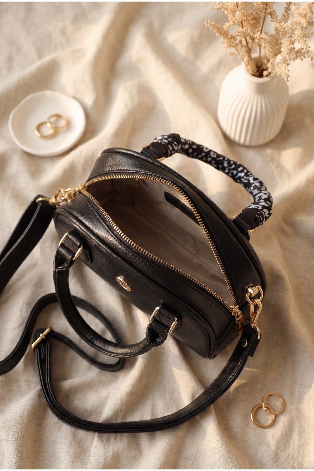 Long-Strap Zippered Bag with Scarf Detail -Black