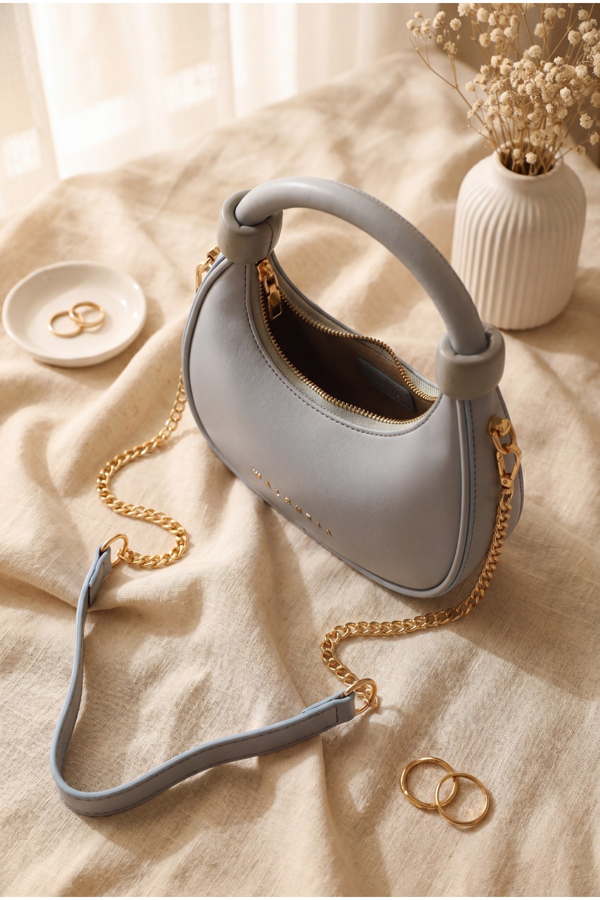Modern Design Mini Hobo Bag with Knotted Handle and Shoulder Strap -Baby Blue