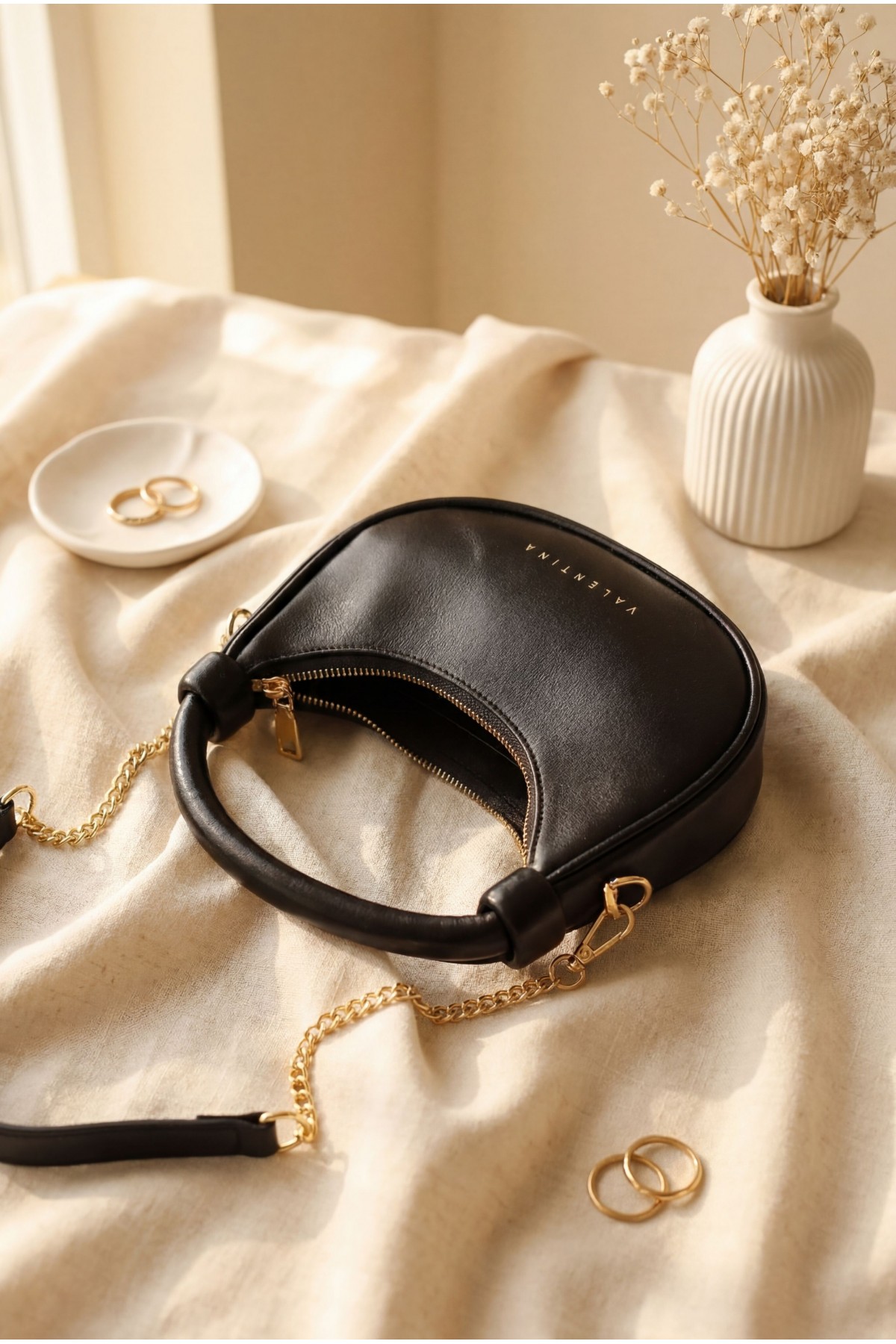 Modern Design Mini Hobo Bag with Knotted Handle and Shoulder Strap -Black