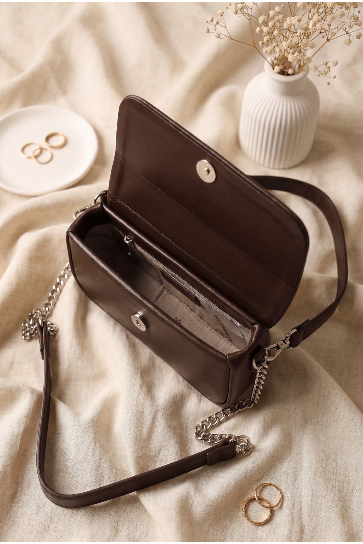 Box Bag with Removable Double Straps and Magnetic Closure -Dark Coffee