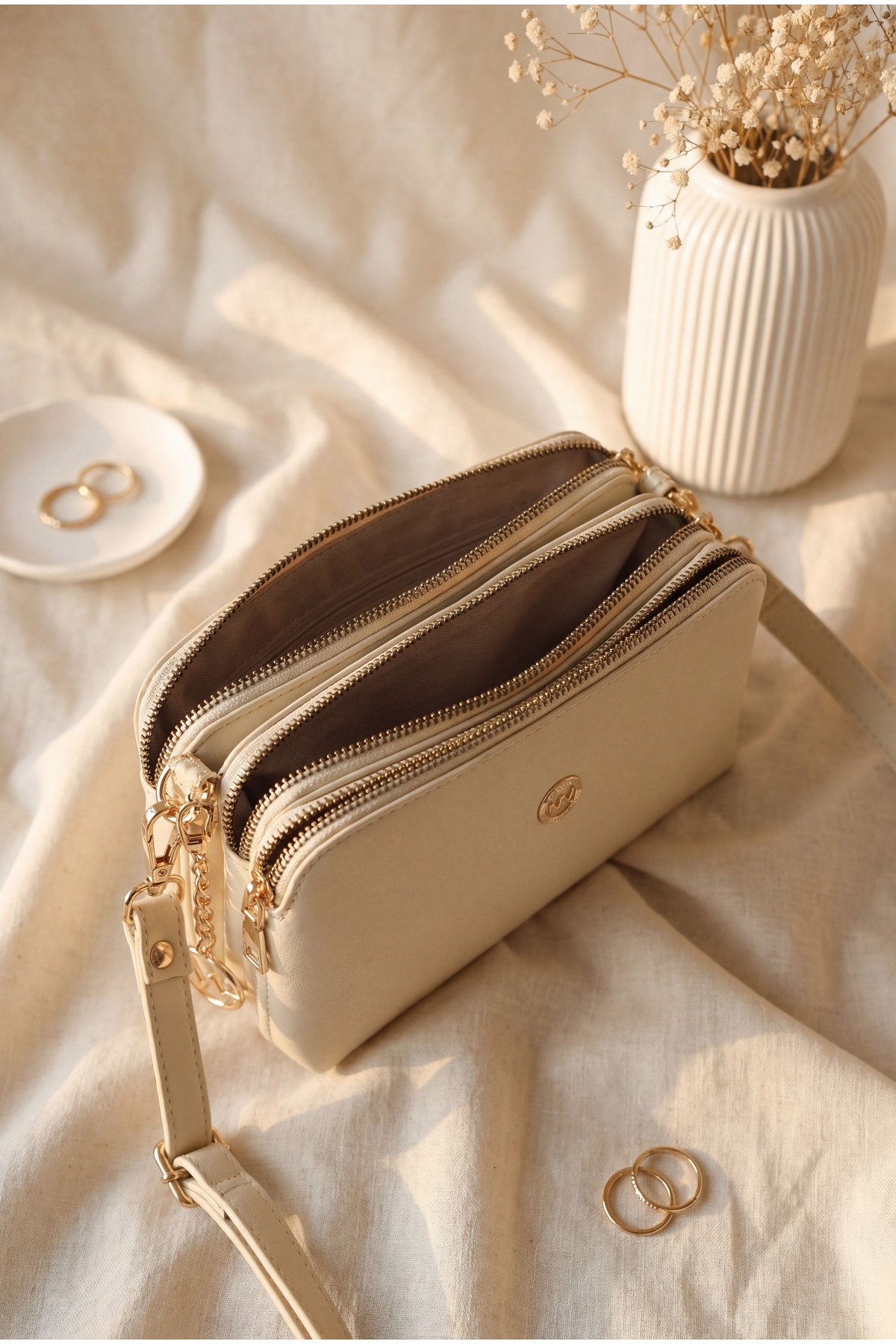 Three-Compartment Center Shoulder Crossbody Bag - Beige