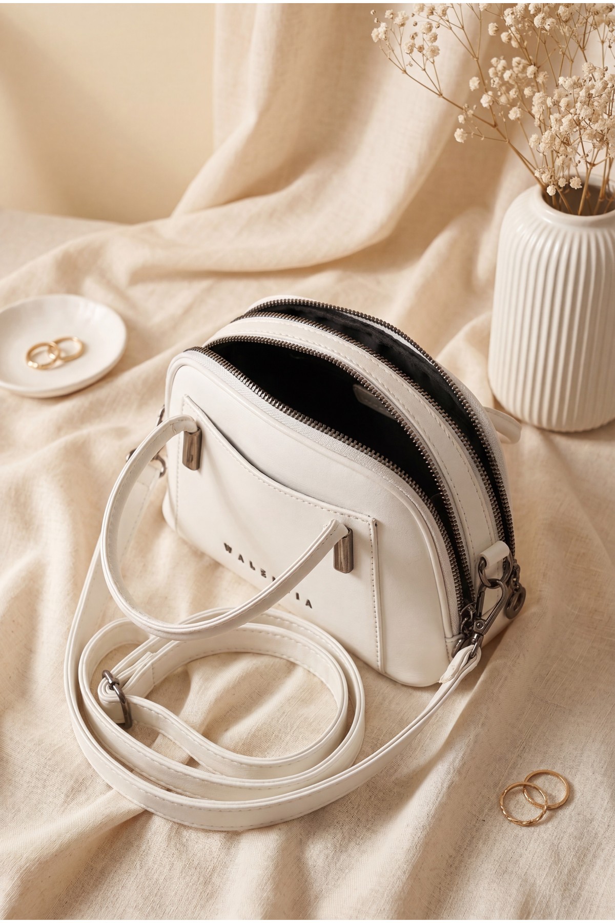 Short Handle Long Strap Double Zip Mini Bag -White