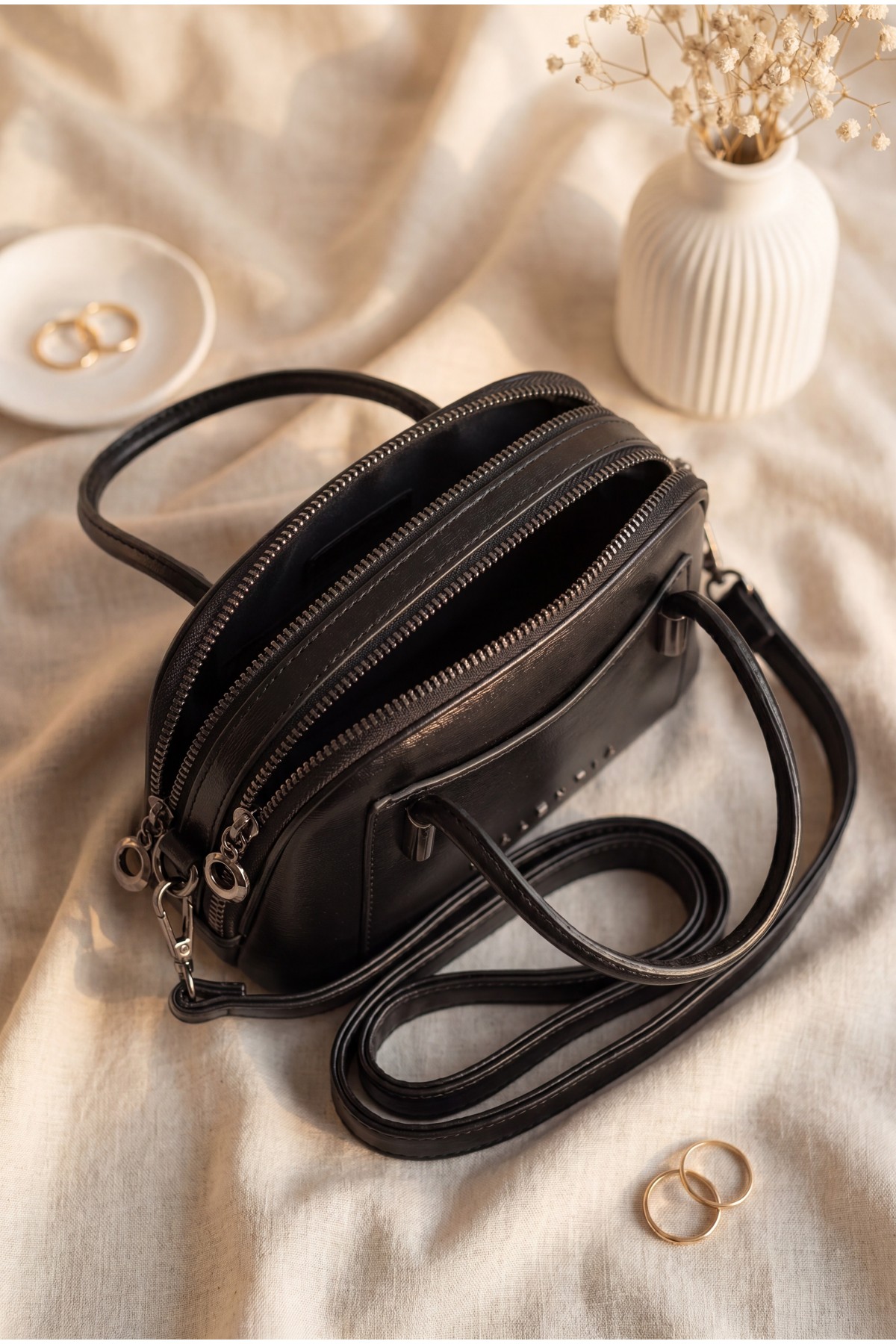 Short Handle Long Strap Double Zip Mini Bag -Black