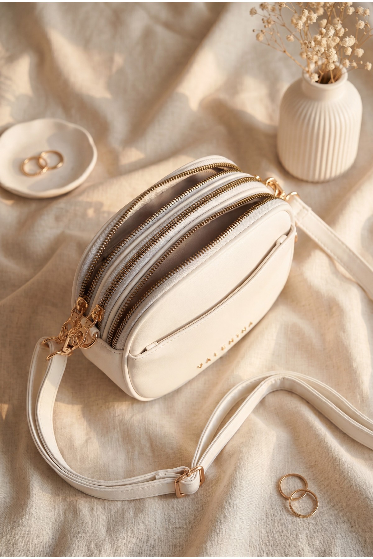 Multi-Compartment Long Shoulder Bag -White