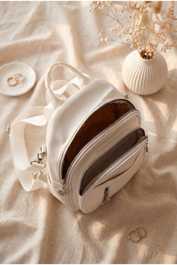 Oval Design Woven Strap Multi-Compartment Women's Backpack -White