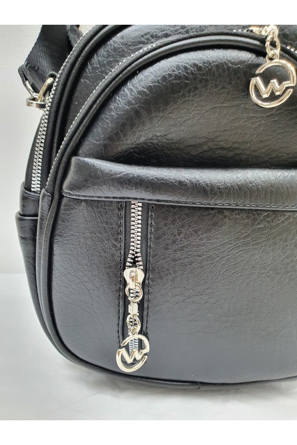 Oval Design Woven Strap Multi-Compartment Women's Backpack -Black
