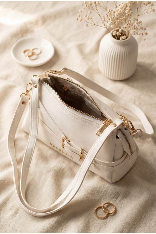 Women's Long-Strap Bag with Front Belt Detail -White