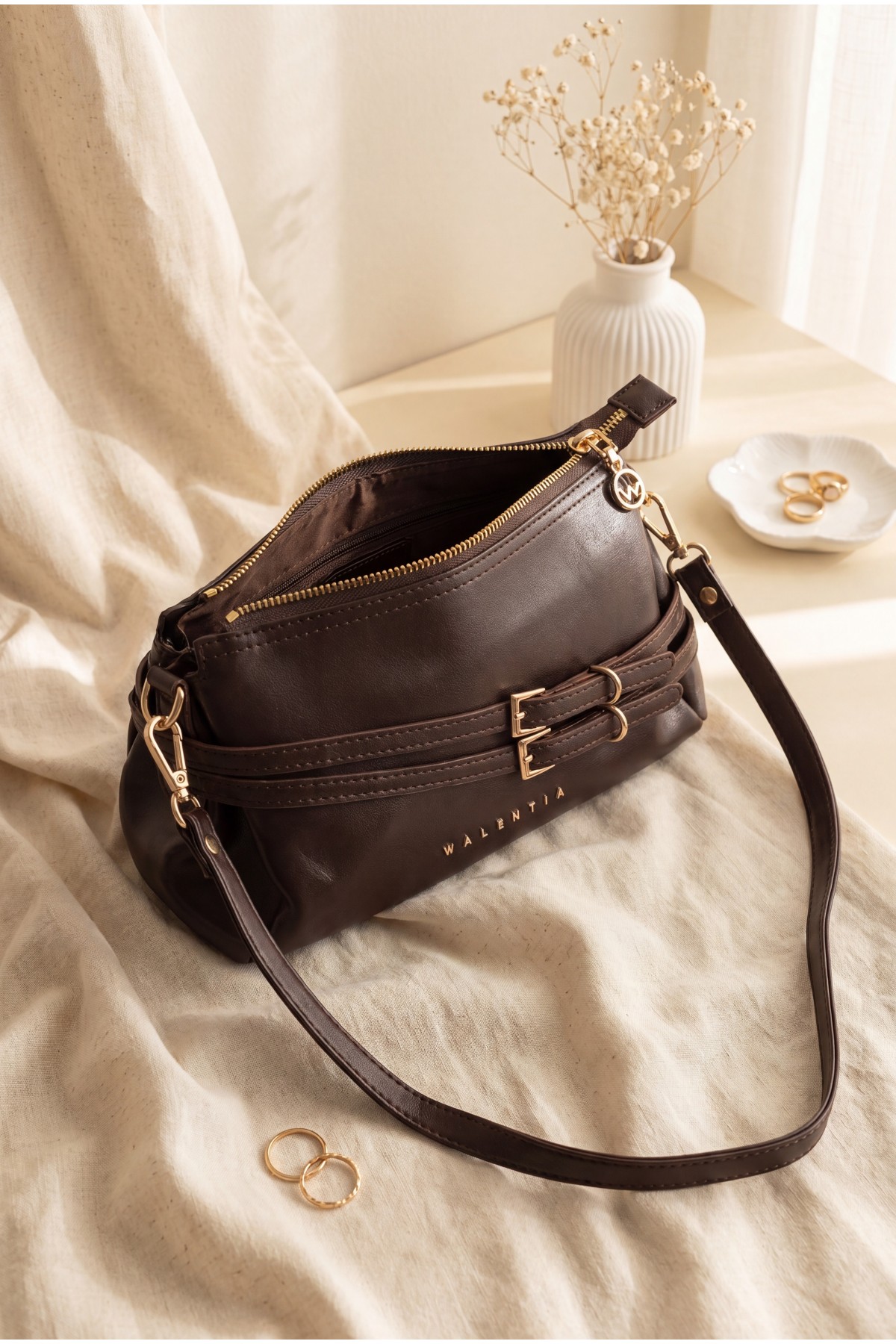 Women's Long-Strap Bag with Front Belt Detail -Dark Coffee