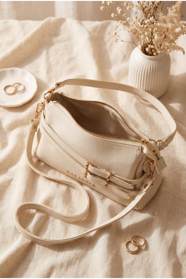 Women's Long-Strap Bag with Front Belt Detail -Cream color