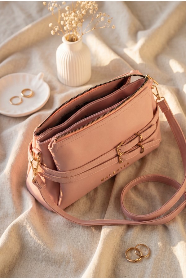 Women's Long-Strap Bag with Front Belt Detail -Powder