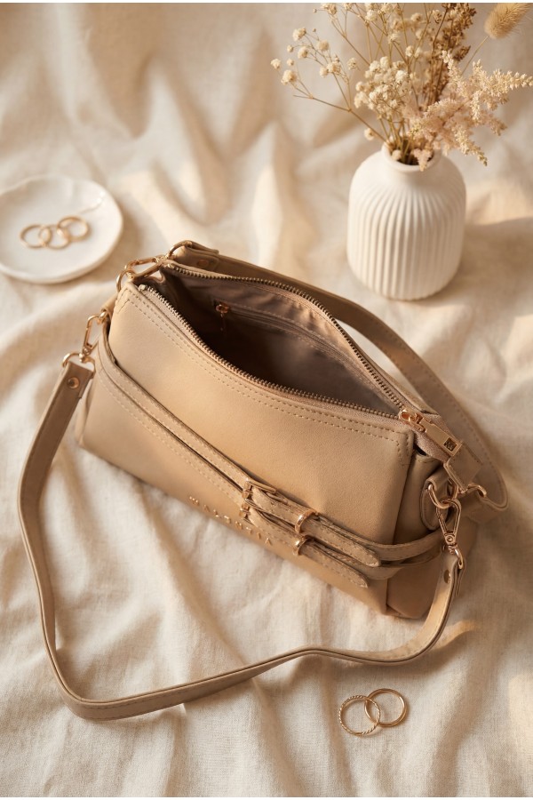 Women's Long-Strap Bag with Front Belt Detail -Mink color