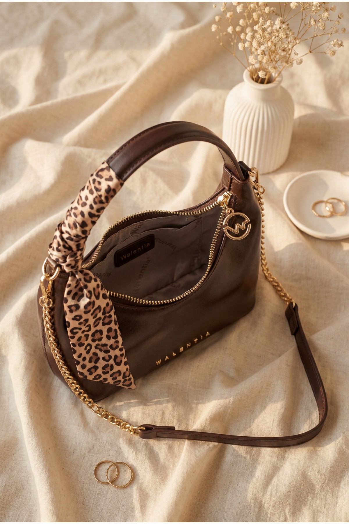 Scarf Detail Chain Strap Shoulder Bag -Dark Coffee