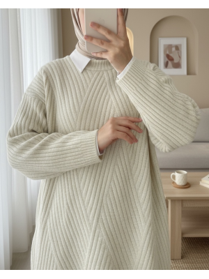 Yürütme Örgü Baklava Desenli Triko Tunik -Taş