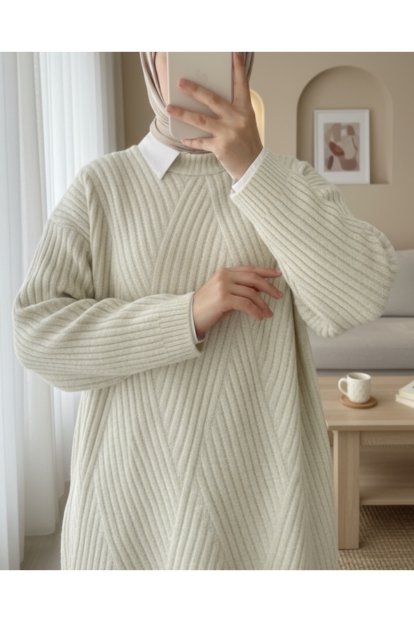 Execution Knitting Diamond Patterned Knitwear Tunic -Stone
