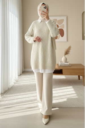 Execution Knitting Diamond Patterned Knitwear Tunic -Stone