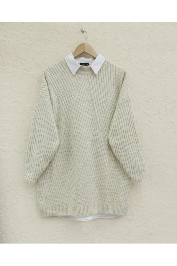 Execution Knitting Diamond Patterned Knitwear Tunic -Stone