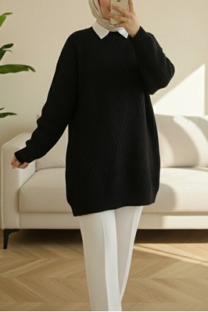 Execution Knitting Diamond Patterned Knitwear Tunic  -Black