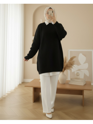 Yürütme Örgü Baklava Desenli Triko Tunik  -Siyah