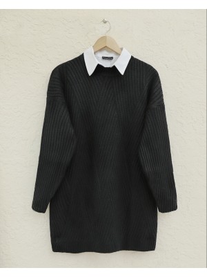 Yürütme Örgü Baklava Desenli Triko Tunik  -Siyah