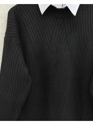 Yürütme Örgü Baklava Desenli Triko Tunik  -Siyah