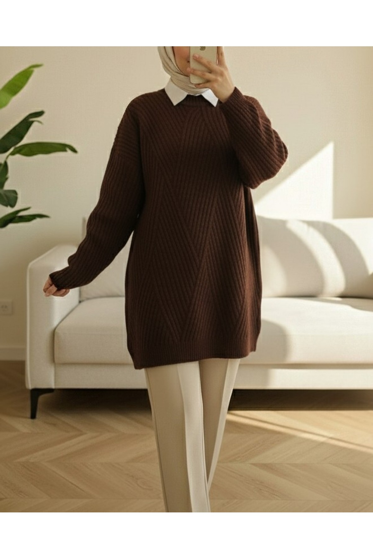 Execution Knitting Diamond Patterned Knitwear Tunic   -Dark Coffee