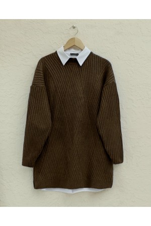 تنفيذ محبوك الماس منقوشة سترة تريكو   -بني محروق