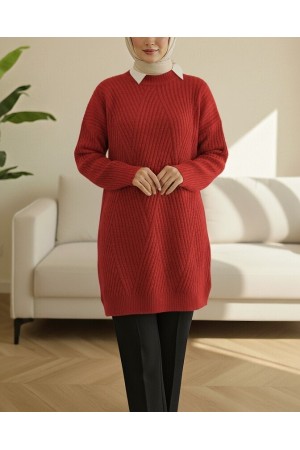 Execution Knitting Diamond Patterned Knitwear Tunic      -Red