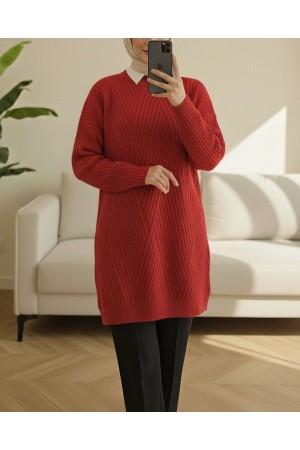 Execution Knitting Diamond Patterned Knitwear Tunic      -Red
