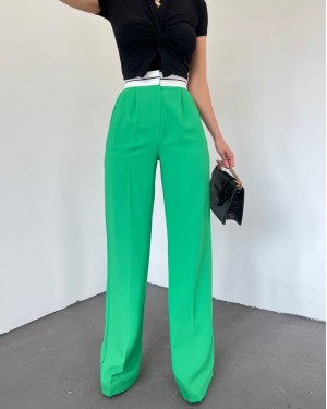 Ters Kemerli Beli Cırtlı Salaş Pantolon -Yeşil
