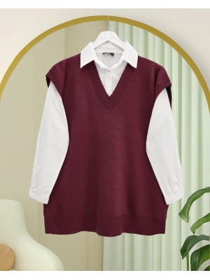 V Yaka Oversize Triko Süveter -Bordo