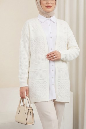 Ajurlu Mevsimlik Triko Hırka  -Ekru