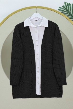 Ajurlu Mevsimlik Triko Hırka  -Siyah