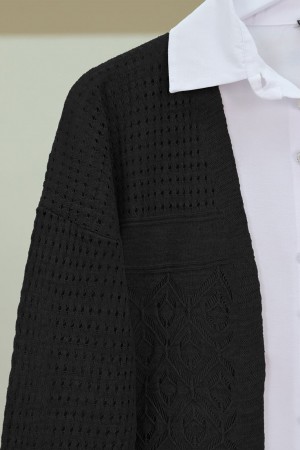 Ajurlu Mevsimlik Triko Hırka  -Siyah