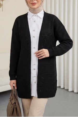 Ajurlu Mevsimlik Triko Hırka  -Siyah