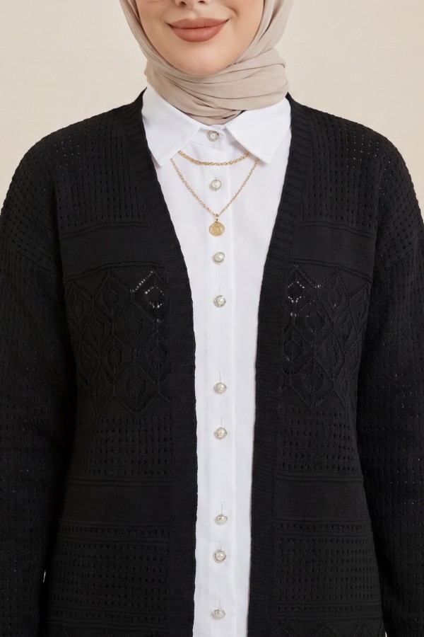 Openwork Seasonal Knitwear Cardigan -Black