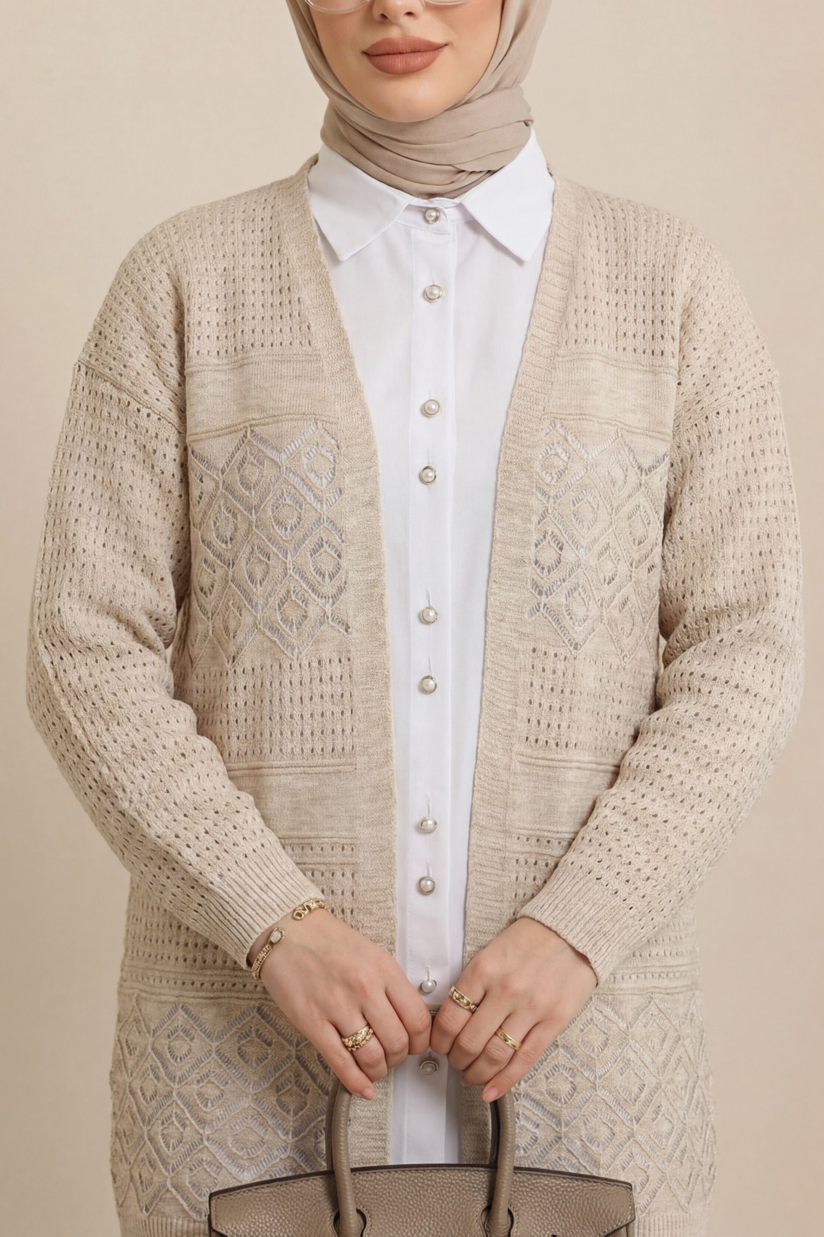 Openwork Seasonal Knitwear Cardigan -Stone