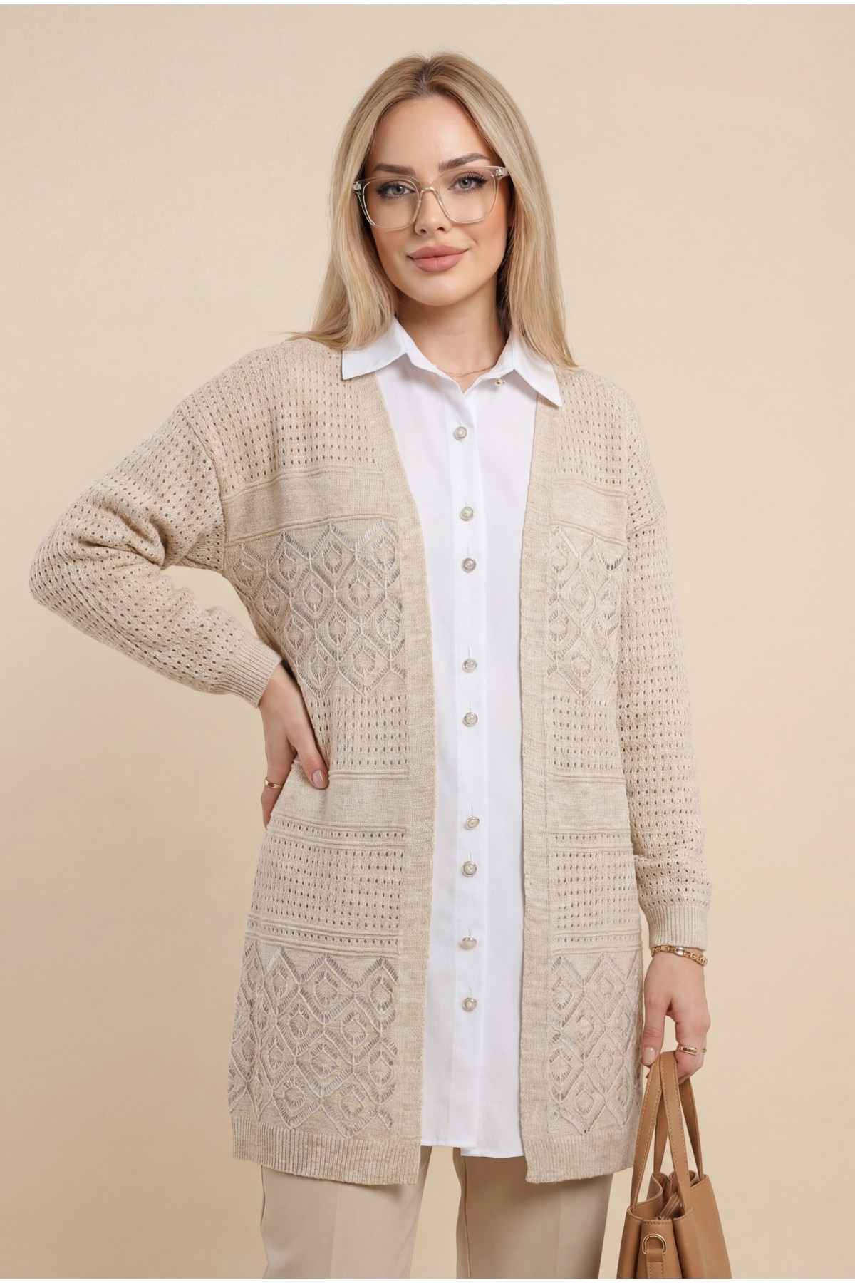 Openwork Seasonal Knitwear Cardigan -Stone