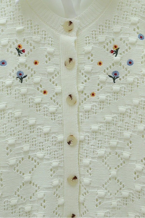 Pompom Round Neck Buttoned Knitwear Cardigan -Ecru