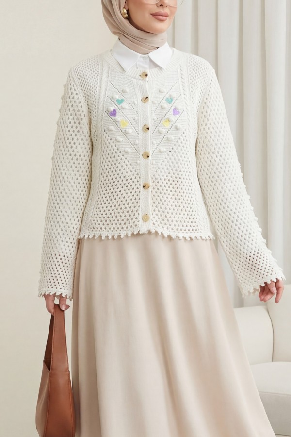 Heart Embroidered Pompom Knitwear Cardigan -Ecru