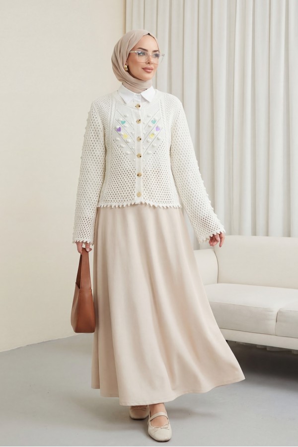 Heart Embroidered Pompom Knitwear Cardigan -Ecru