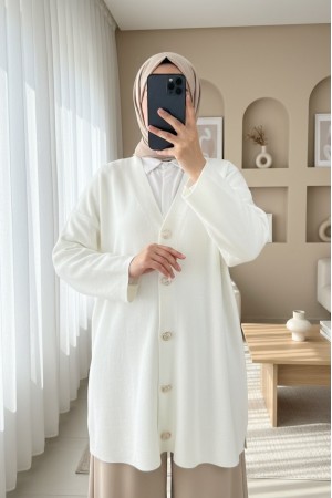 V Yaka Düğmeli Oversize Triko Hırka -Ekru