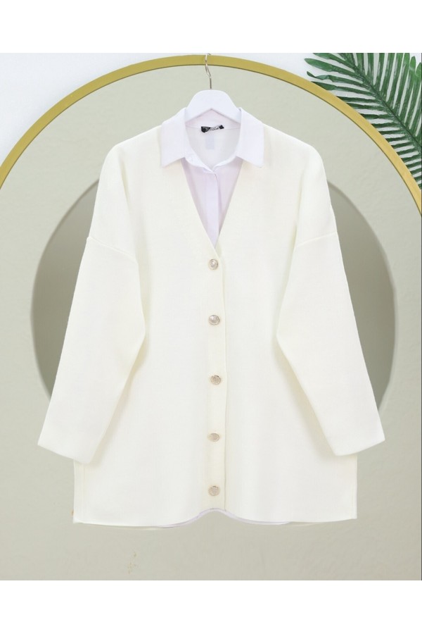 V Neck Buttoned Oversize Knitted Cardigan -Ecru