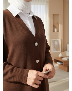 V Yaka Düğmeli Oversize Triko Hırka -Kahve