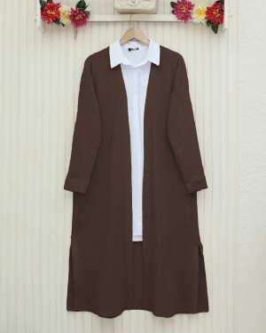 Long Knitted Cardigan with Side Slits -Brown